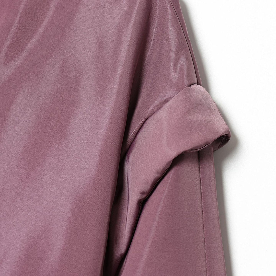 Women Cropped Padded Satin Jacket with High Stand Collar and Waist Smocking