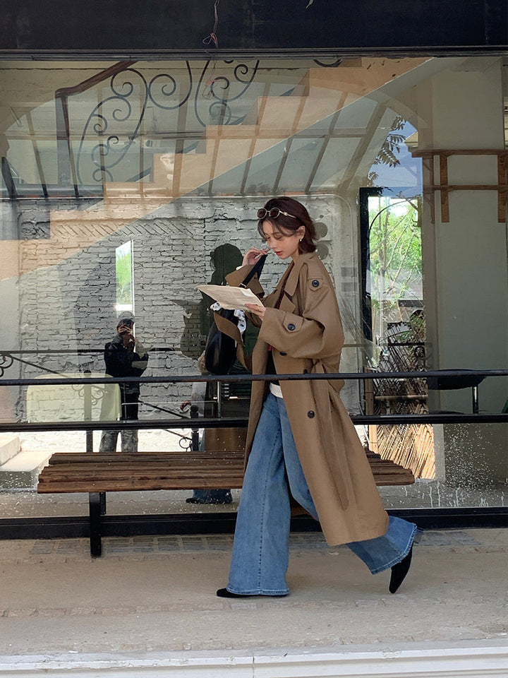 Women’s Long Trench Coat in Oversize Look with Belt and Shoulder Patches