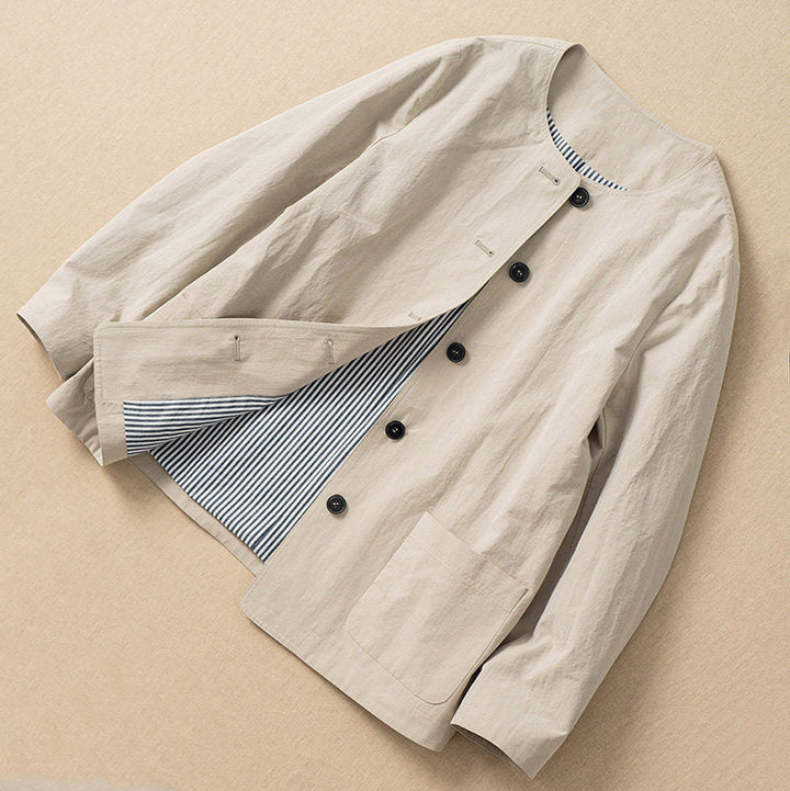 Ladies Fashionable Transitional Jacket with Unique Button Placket