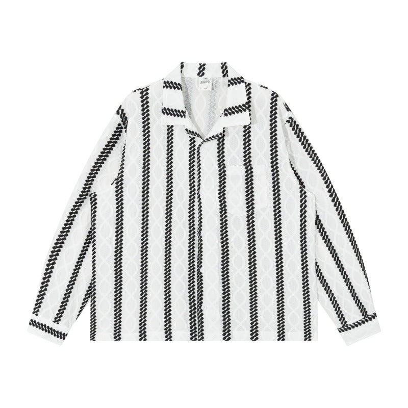 Unisex Lightweight Shirt Jacket with Camp Collar, Relaxed Fit and Vertical Braid Stripe Pattern