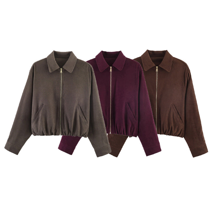Women’s short-cut suede look bomber jacket with zip, elastic hem and diagonal side pockets