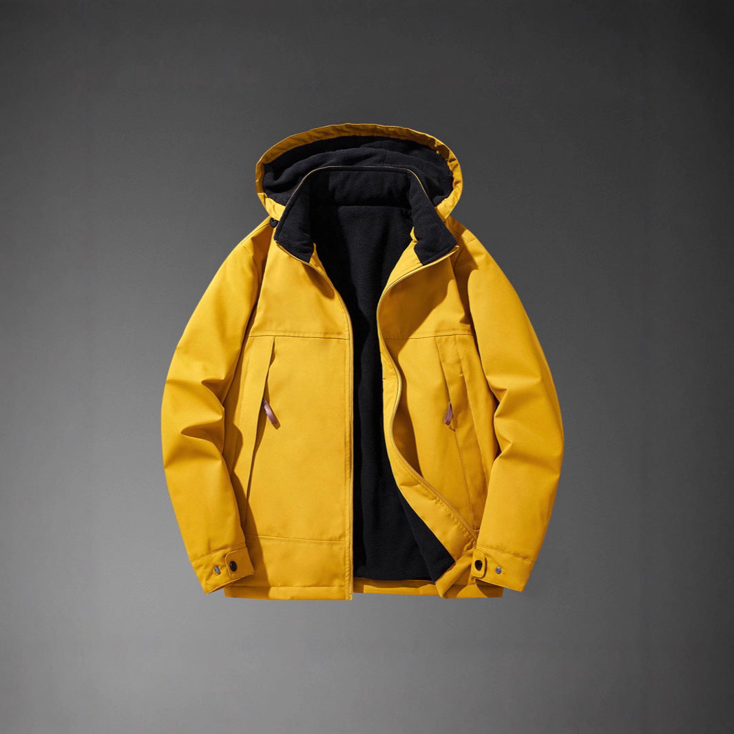 Men Water-resistant Multi-pocket Jacket with Hood and Fleece Lining