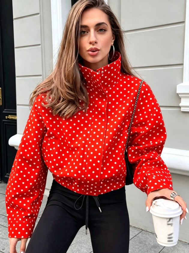 Women Polka Dot Short Transitional Jacket with Stand-up Collar and Drawstring Hood