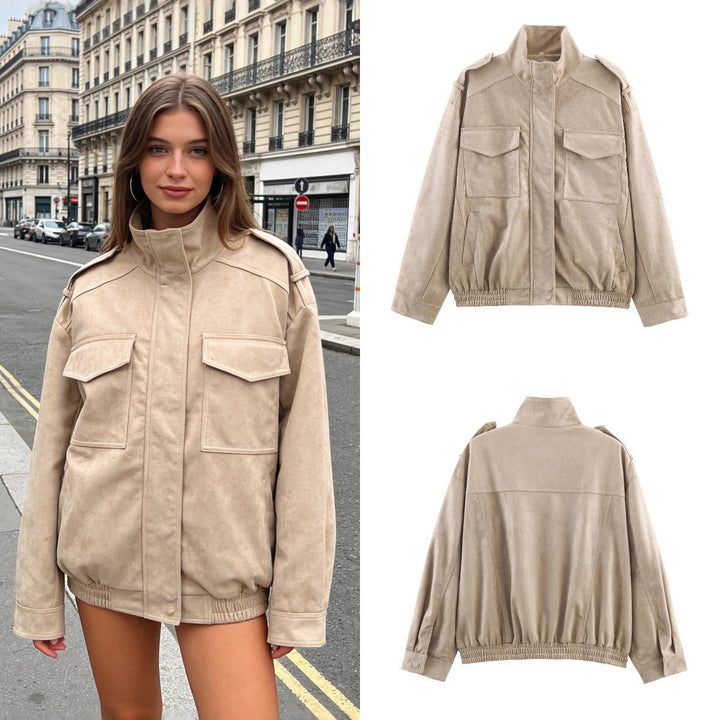 Women’s short jacket in military style with epaulets, patch chest pockets, and elastic hem