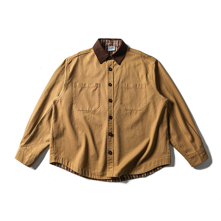 Unisex Oversize Shirt Jacket with Contrast Collar and Checked Lining
