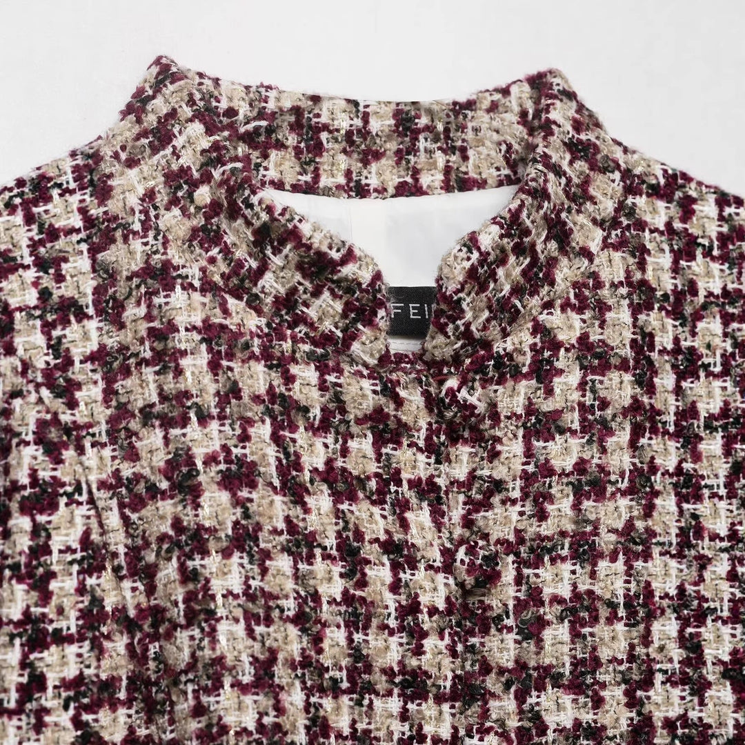 Women Boucle-Tweed Jacket with Stand-up Collar and Faux Fur Cuffs