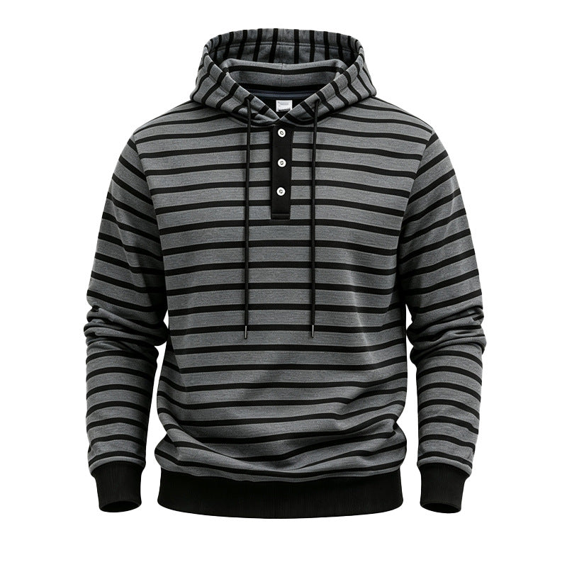 Men Striped Hoodie with Henley Placket, Drawstring and Ribbed Cuffs