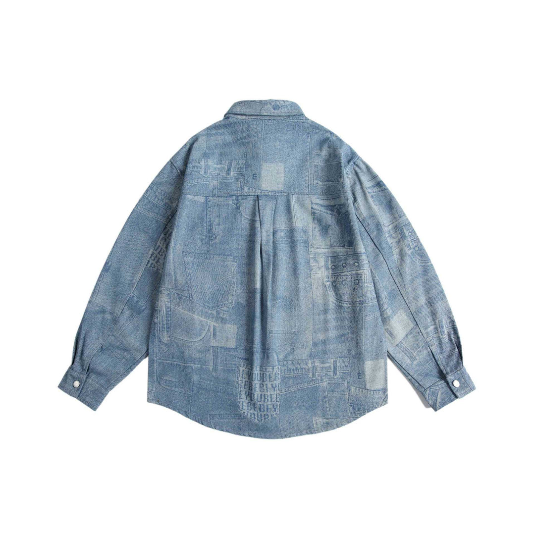 Unisex Oversized-Denim-Shirt Jacket with Patchwork Print and Snap Button Placket