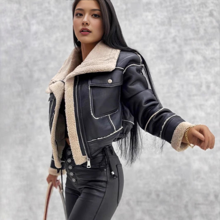 Women short-cut biker jacket with teddy lining and contrast seams