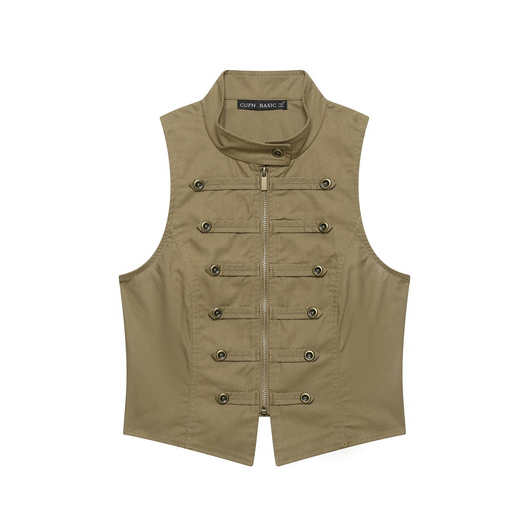 Ladies Tailored Canvas Vest with Front Zip and Decorative Button Ribbons