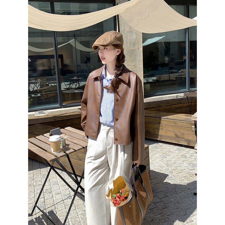 Women Short Boxy Leather Jacket with Shirt Collar
