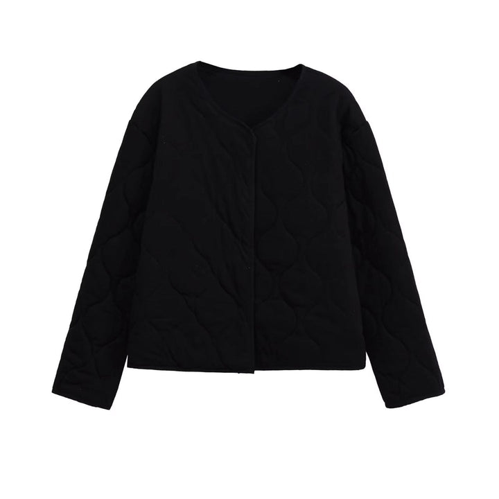 Ladies Quilted Short Jacket in Oversized Cut with Round Neck and Wave Stitching