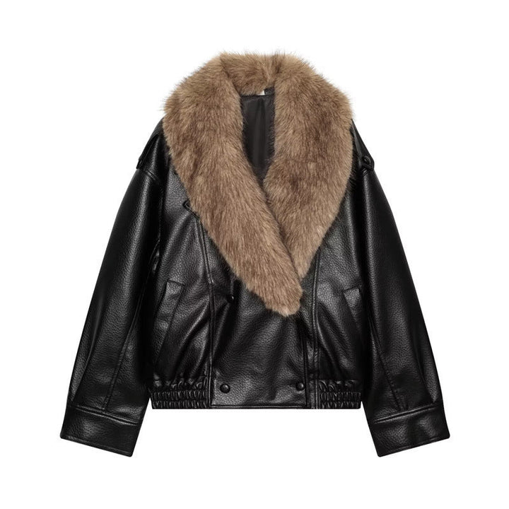 Women’s short-cut leather jacket with full fur collar and elastic hem