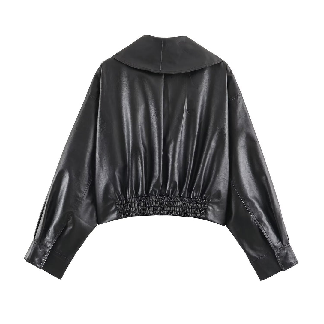 Women Short Oversized Faux Leather Jacket with Wide Shawl Collar and Belt