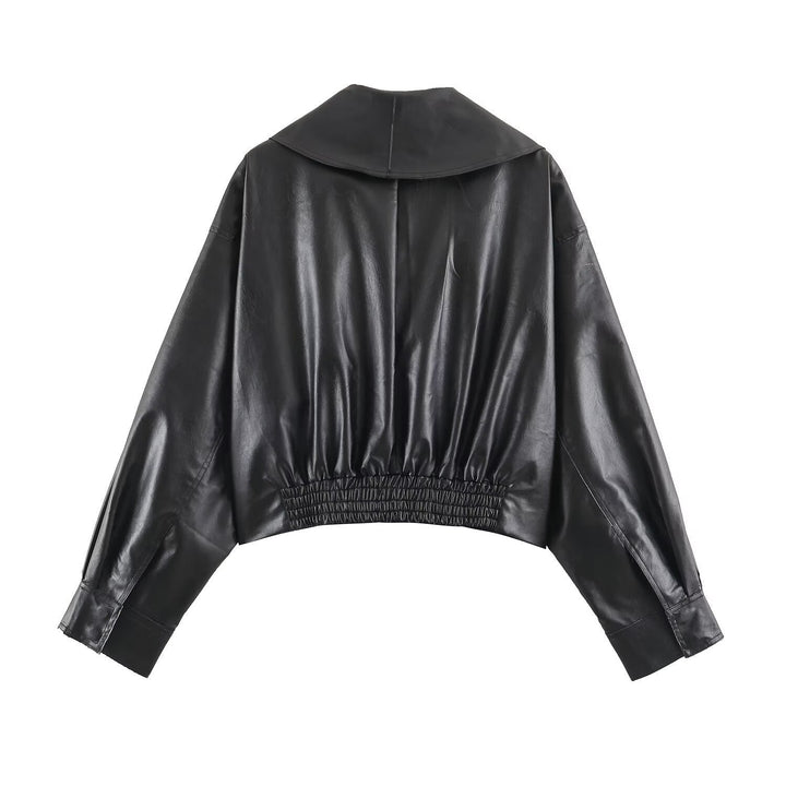 Women Short Oversized Faux Leather Jacket with Wide Shawl Collar and Belt