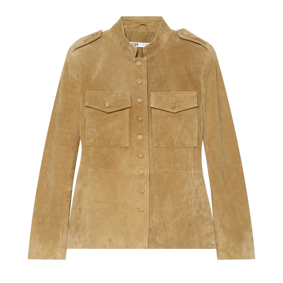 Ladies short jacket made of suede leather with stand-up collar and flap pockets