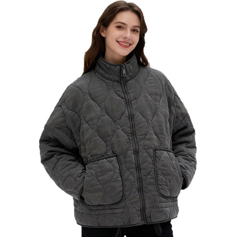 Women quilted jacket with stand-up collar and patch pockets