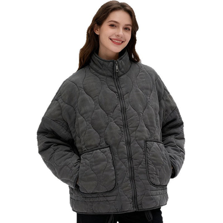 Women quilted jacket with stand-up collar and patch pockets