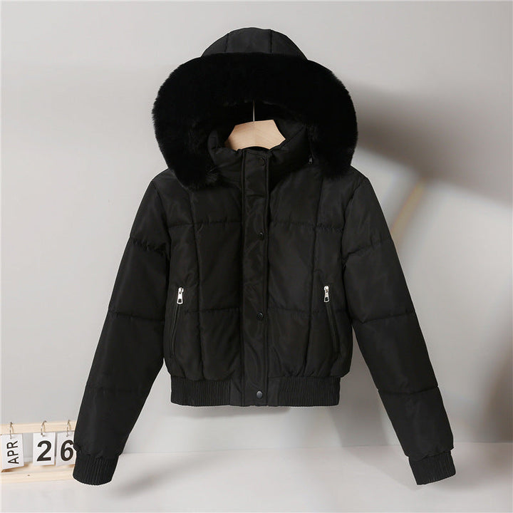 Ladies nan padded short jacket in blouson style with hood and cosy faux fur trim
