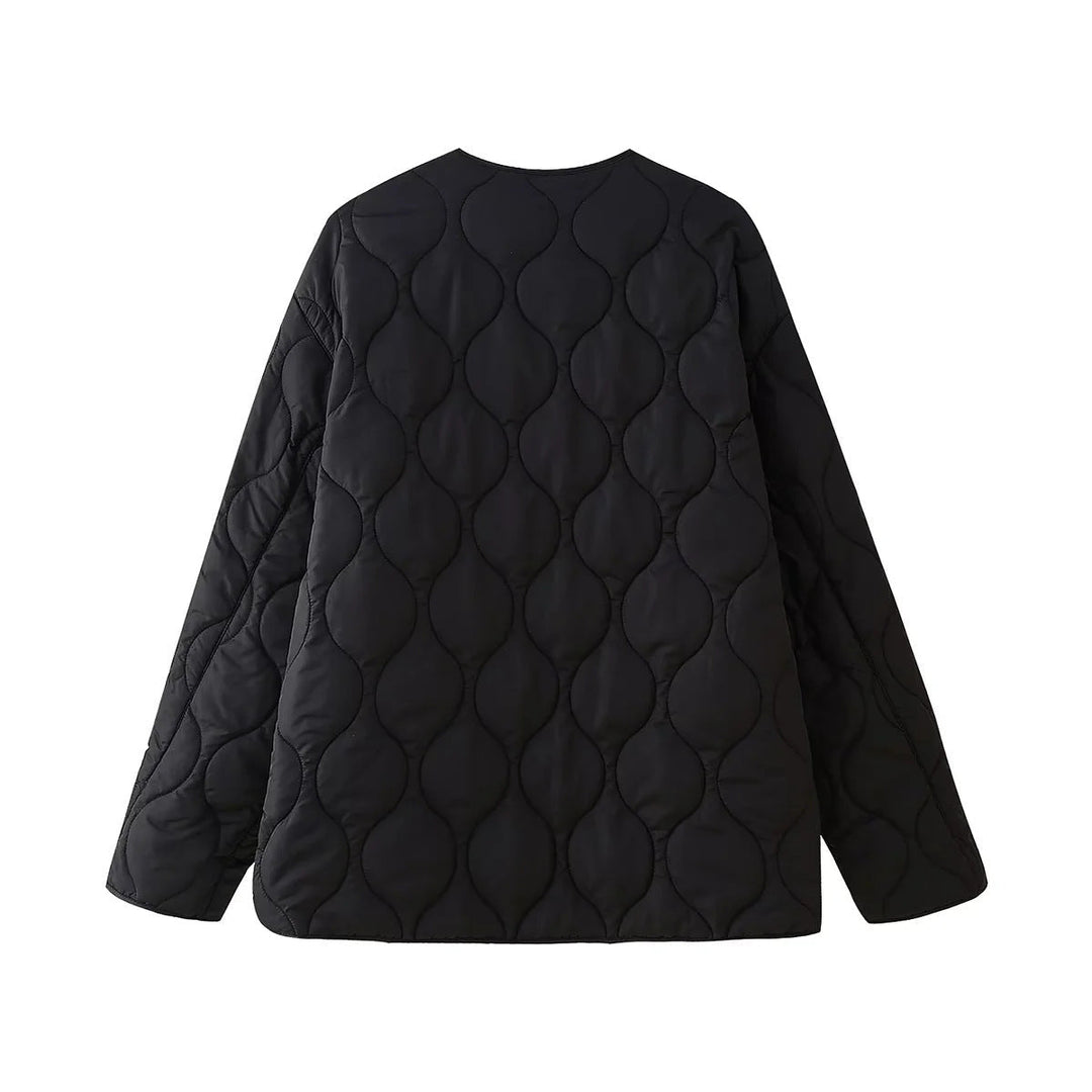 Women geometric quilted oversized liner jacket without collar
