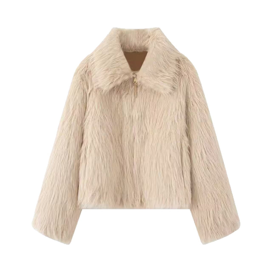 Women Short Faux Fur Cropped Jacket with Voluminous Shawl Collar and Front Zip
