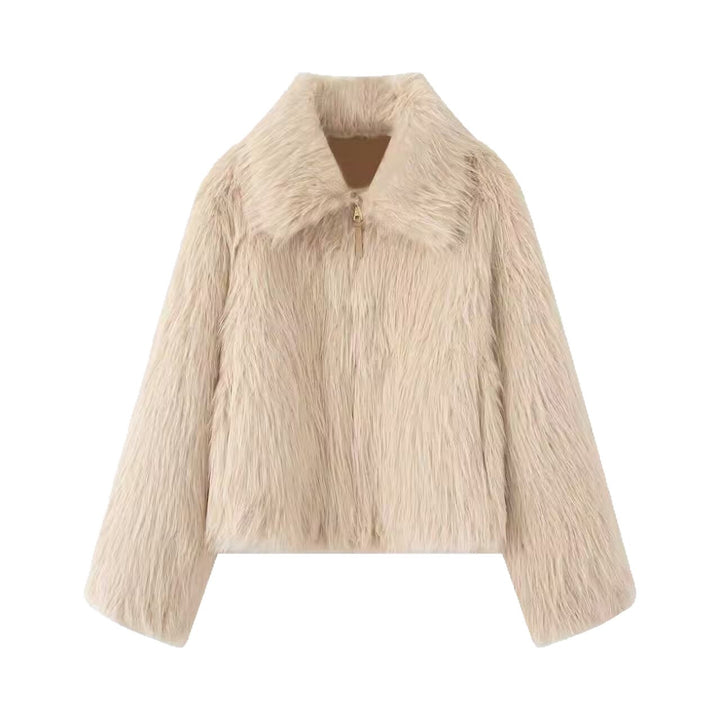 Women Short Faux Fur Cropped Jacket with Voluminous Shawl Collar and Front Zip