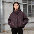 Women's Short Padded Jacket in Leather Look with High Stand-Up Collar and Gathered Hem