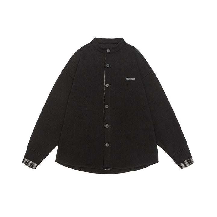 Unisex Oversized Shirt Jacket in Sweat Overlay with Stand-Up Collar and Checkered Inner Cuff