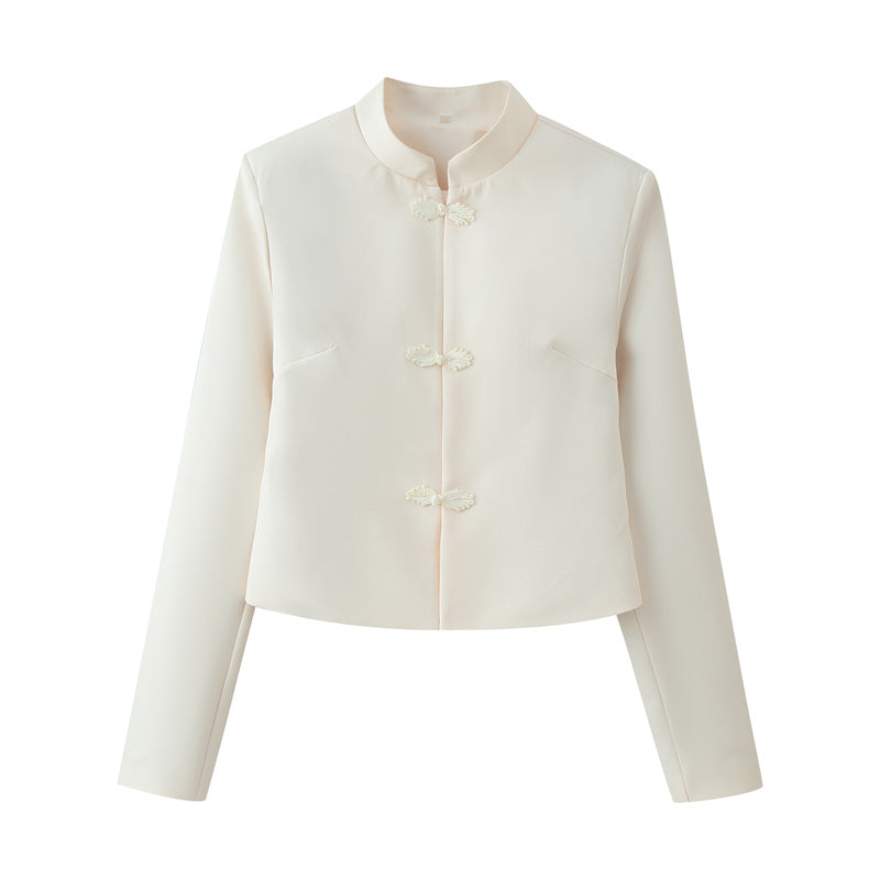 Women Cropped Tailored Jacket with Mandarin Collar and Decorative Toggle Closures