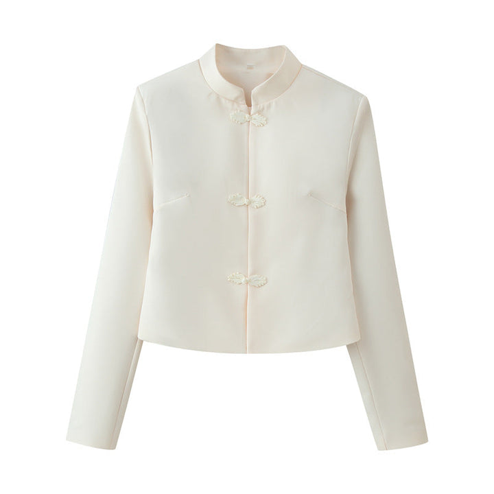 Women Cropped Tailored Jacket with Mandarin Collar and Decorative Toggle Closures