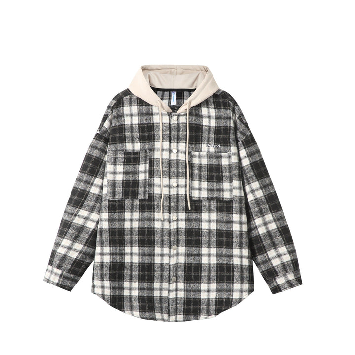 Unisex Oversized Check Shirt Jacket with Hood, Snap Buttons and Chest Pocket