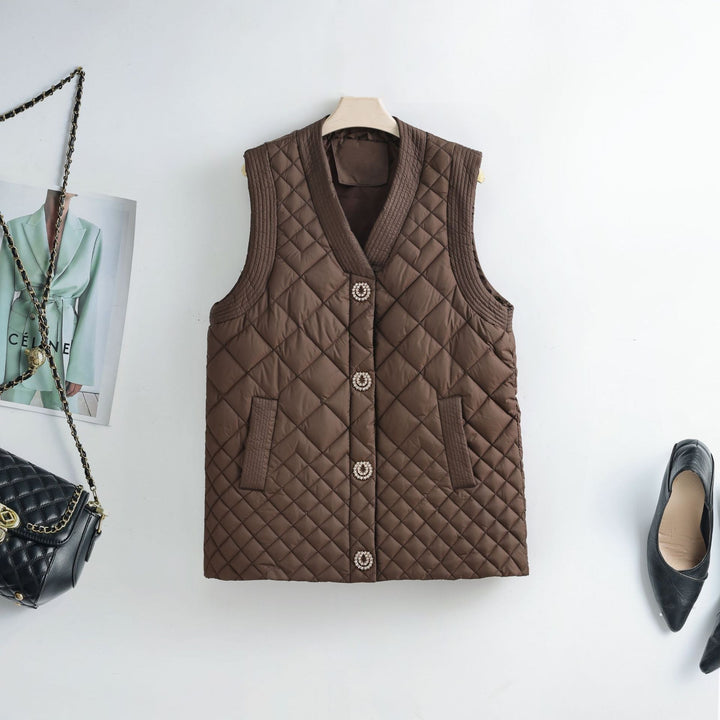 Ladies nano quilted vest with decorative buttons and V-neck