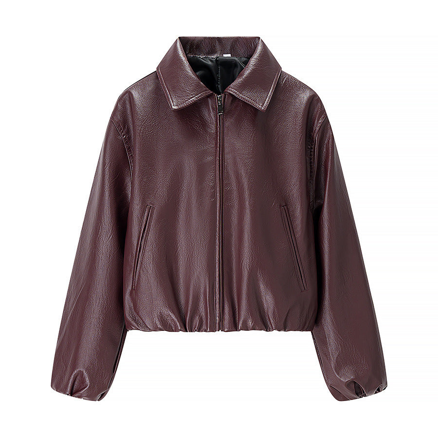 Women short cut leather imitation blouson with zip and elastic hem