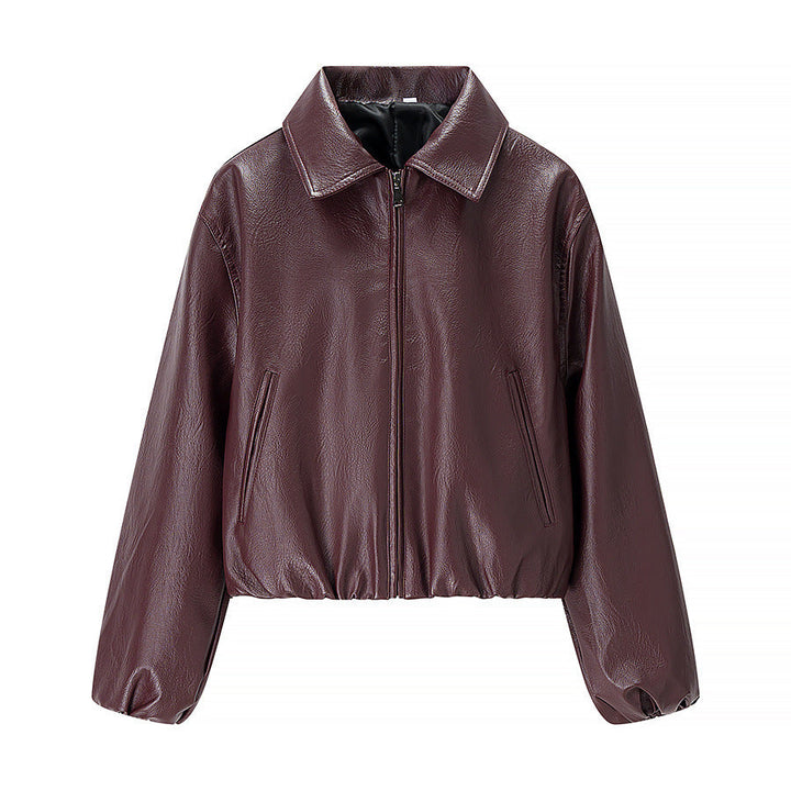 Women short cut leather imitation blouson with zip and elastic hem