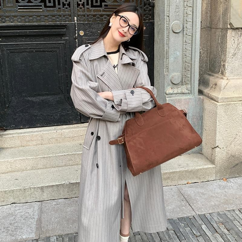 Women’s Long Pinstripe Trench Coat with Tie Belt Shoulder Straps and Flared Hem