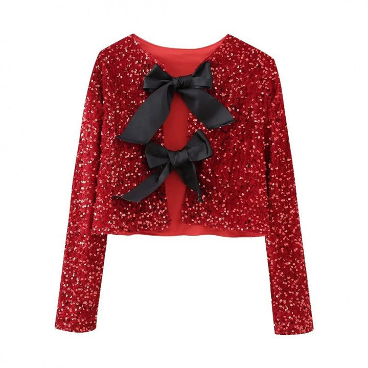 Women Sequin Bolero Jacket with Decorative Satin Bows