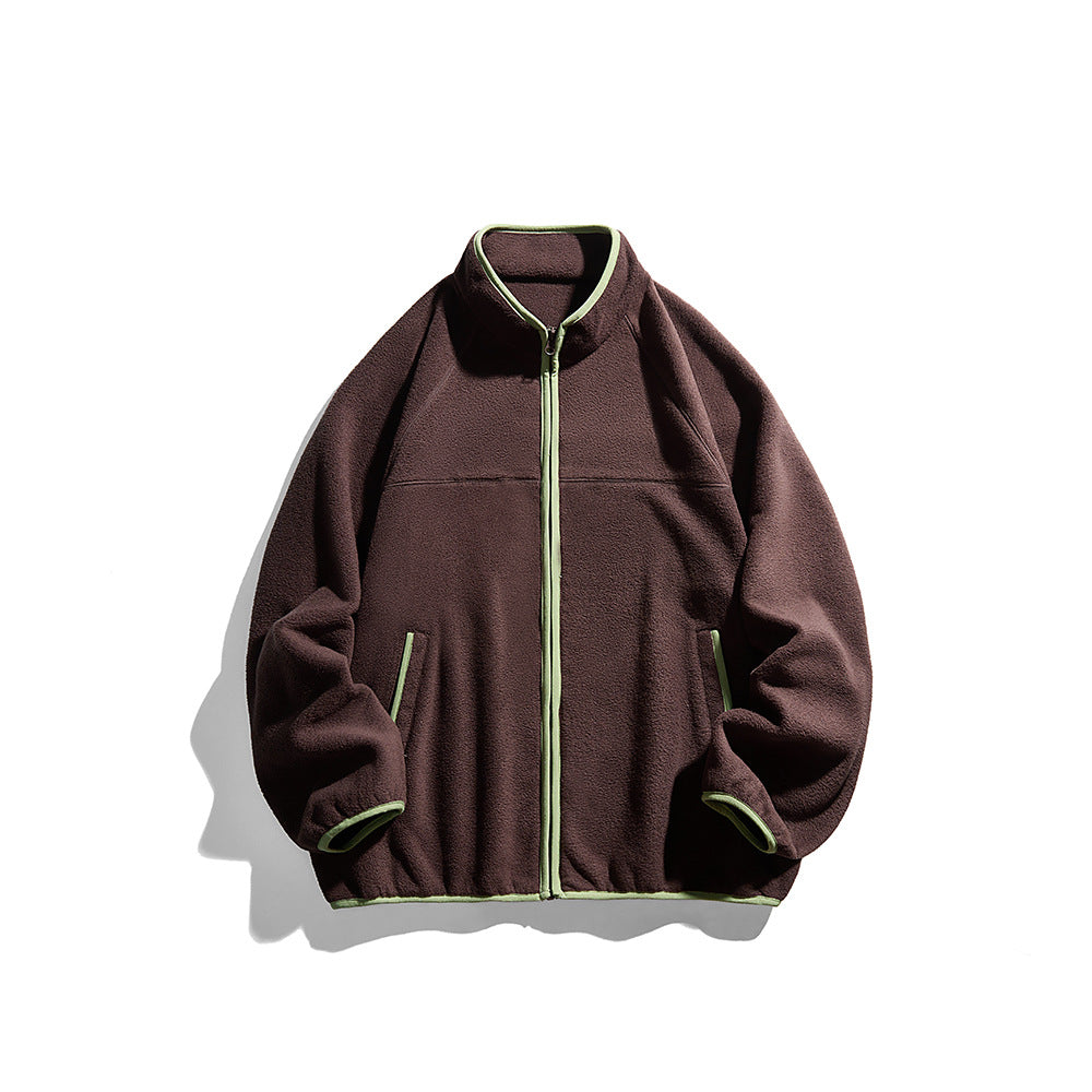 Unisex Oversize Fleece Jacket with Stand-Up Collar, Full-Length Zip, and Contrast Piping