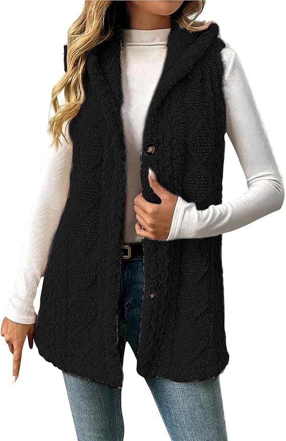 Women Fleece Lined Teddy Vest with Hood and Button Closure