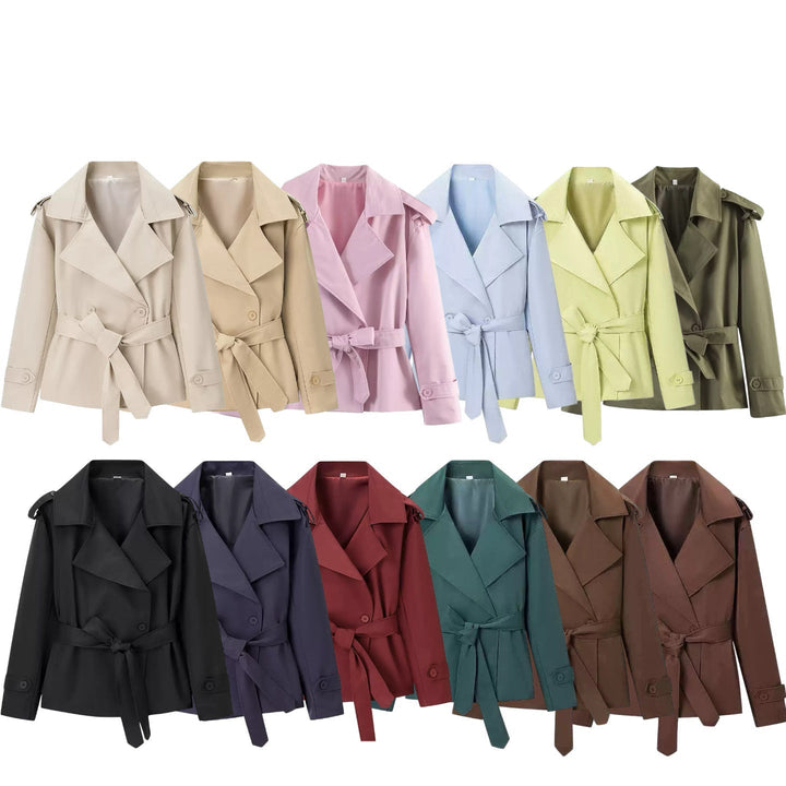 Women Short Trench Coat with dropped shoulders, large lapel collar and wrap belt