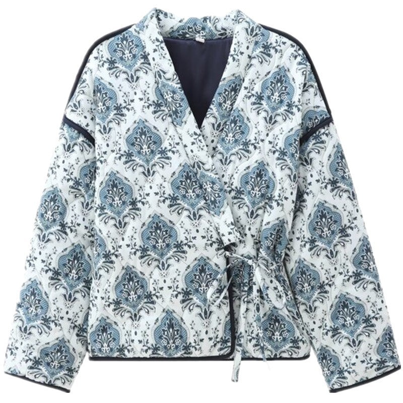 Women padded kimono jacket with waist belt and ornamental print