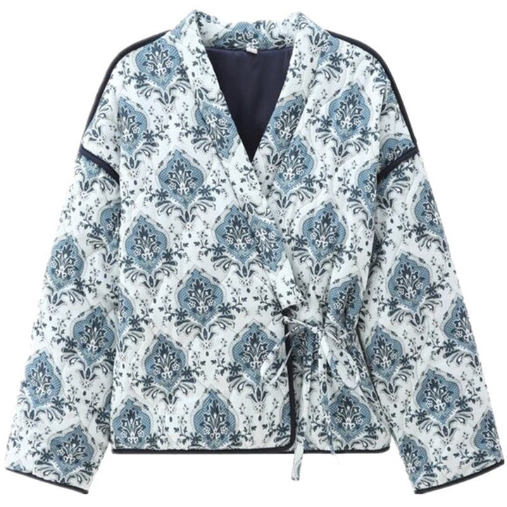 Women padded kimono jacket with waist belt and ornamental print
