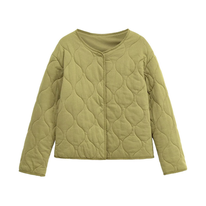 Ladies Quilted Short Jacket in Oversized Cut with Round Neck and Wave Stitching