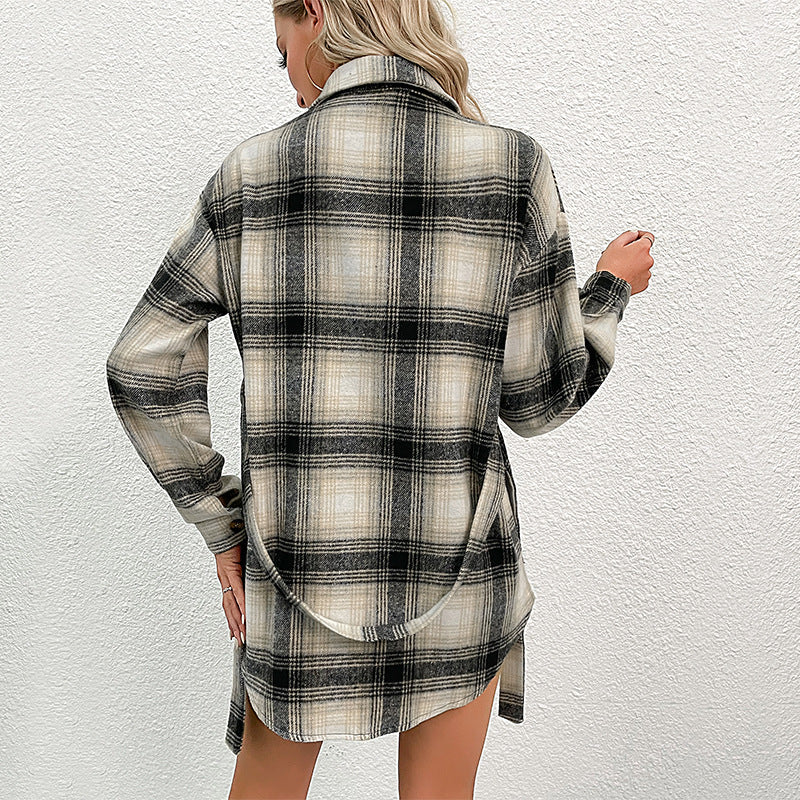 Women Checked Longline Shirt Coat with Button Placket and Waist Belt