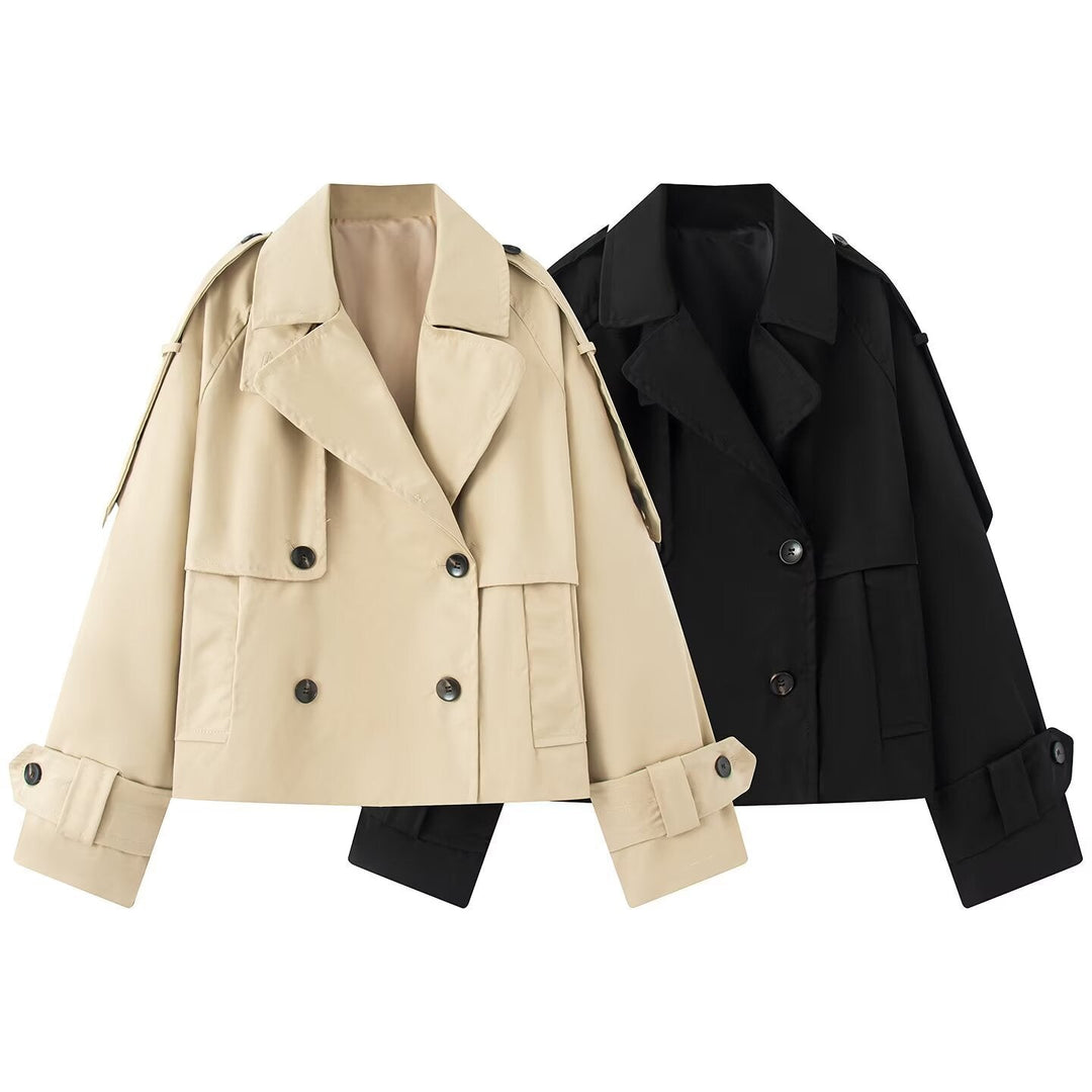 Women Short Cut Cropped Trench Coat with Double-Breasted Button Closure and Epaulets