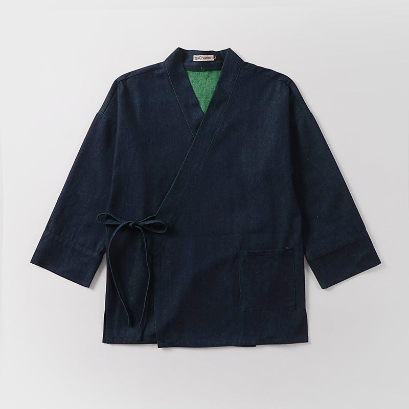 Unisex Lightweight Wrap Kimono Jacket made of Linen-Cotton Blend with Contrast Trim and Tie Belt