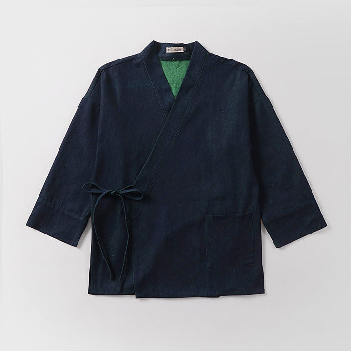 Unisex Lightweight Wrap Kimono Jacket made of Linen-Cotton Blend with Contrast Trim and Tie Belt