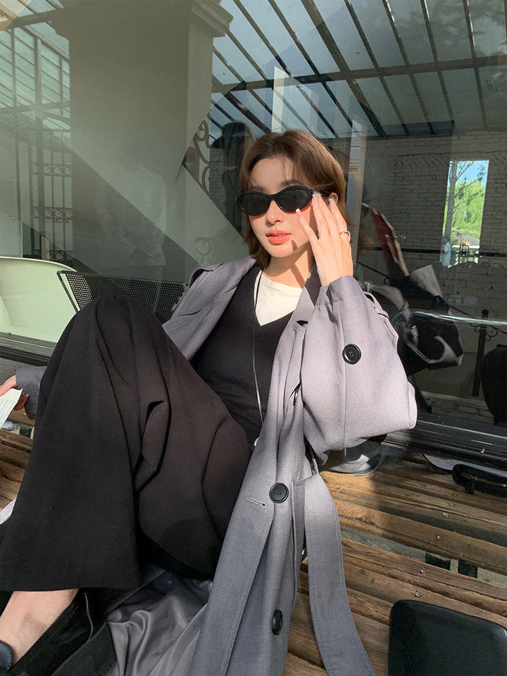 Women’s Long Trench Coat in Oversize Look with Belt and Shoulder Patches