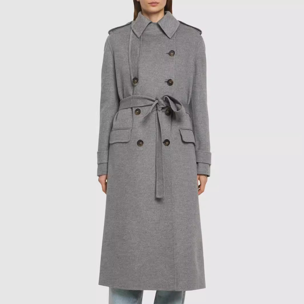 Women Mid-length Tailored Double-breasted Trench Coat made of Wool Blend with Flared Hem