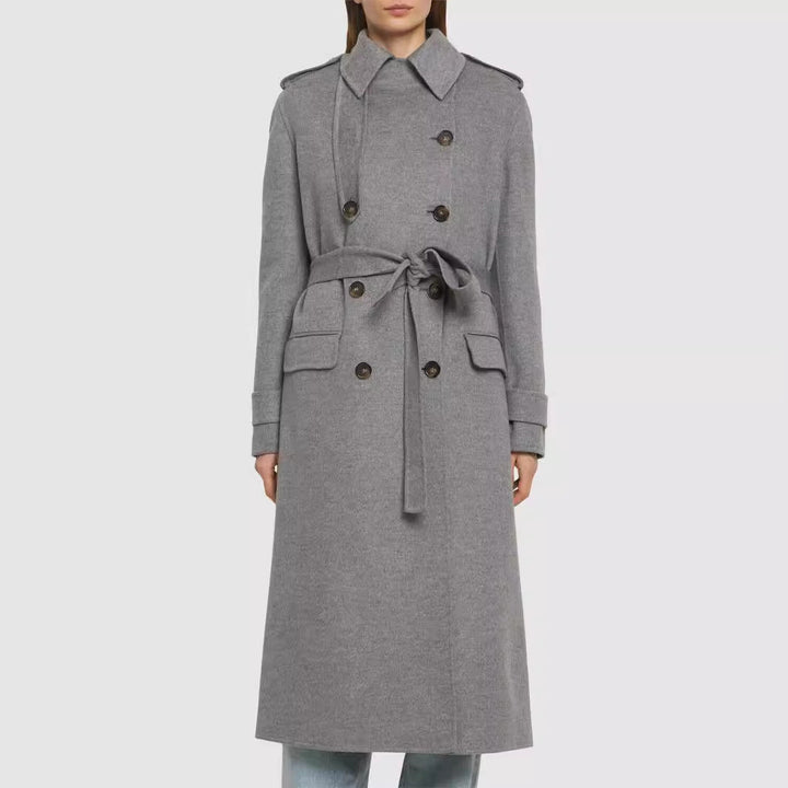 Women Mid-length Tailored Double-breasted Trench Coat made of Wool Blend with Flared Hem