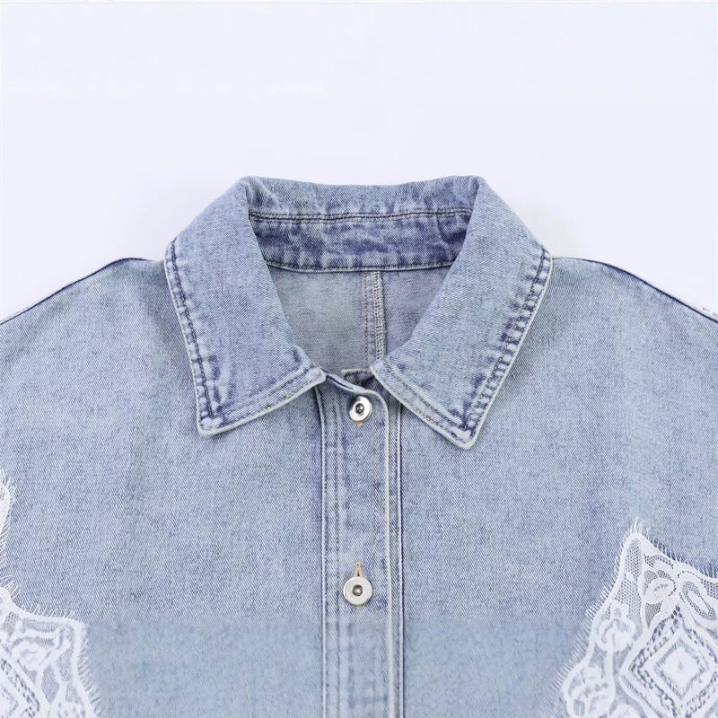 Women cropped denim jacket with lace trim and dropped shoulder